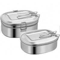 Oval airtight double layered bento stainless steel lunch box metal food container with lock and handle